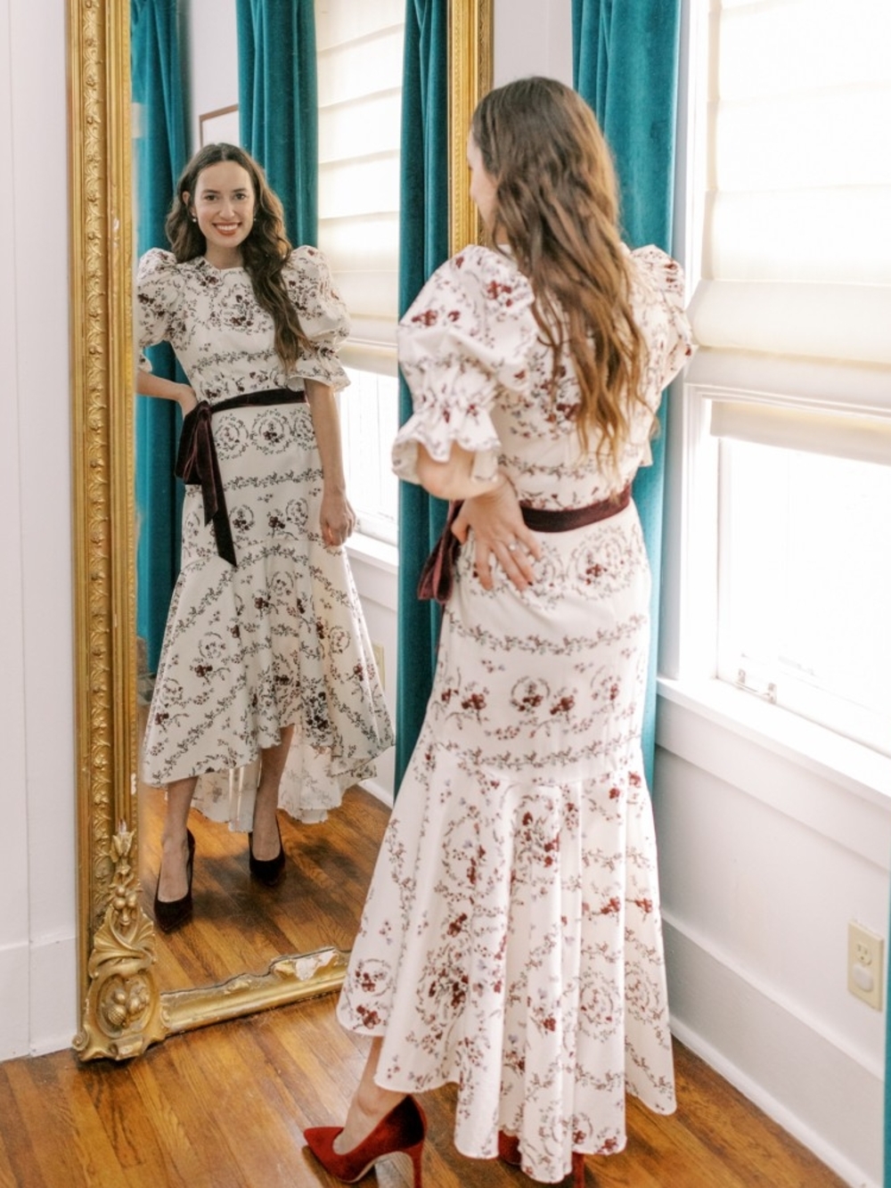 Antonio Melani x Nicola BaWhite Floral Puff-Sleeve Midi Dress with Burgundy Tie